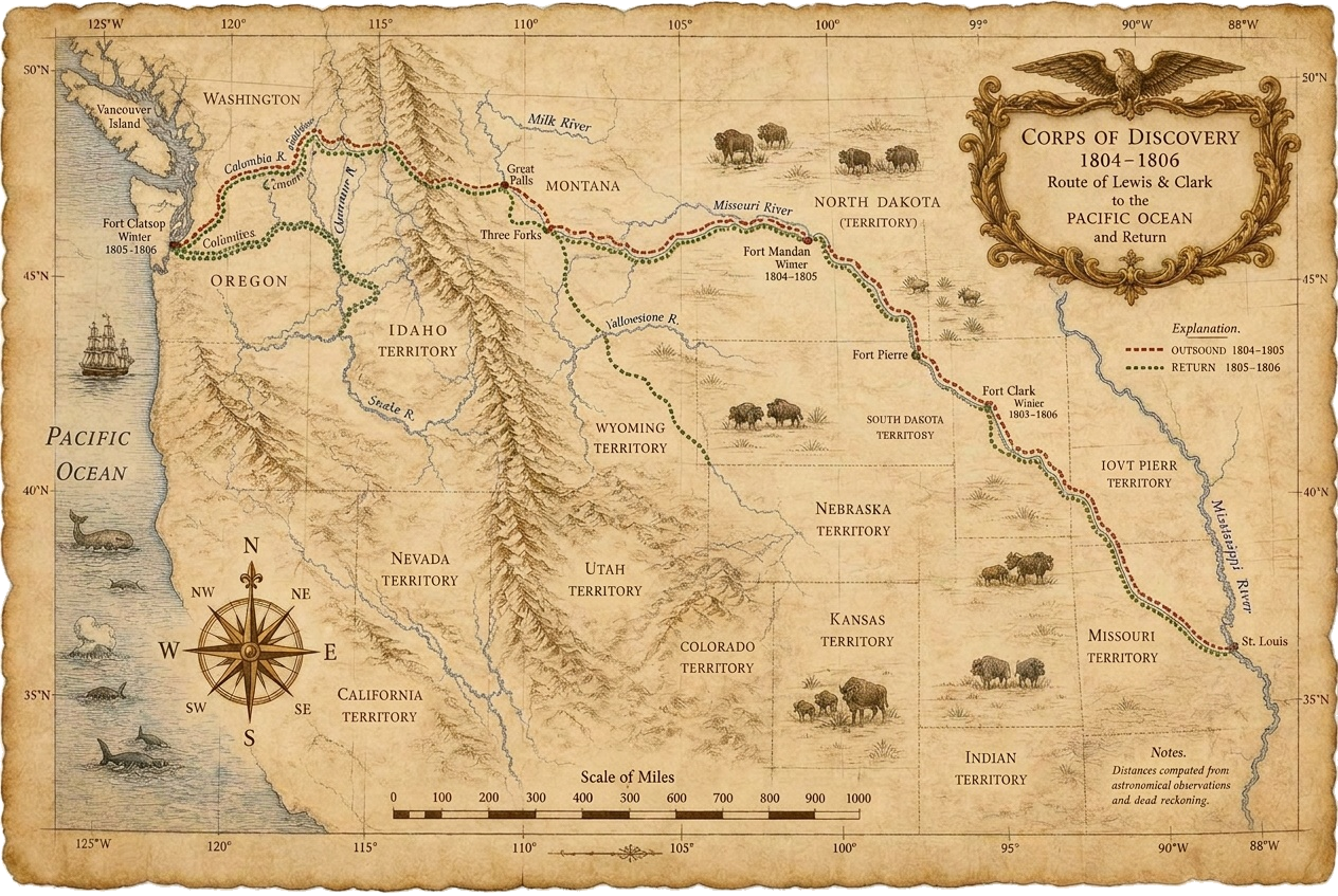 Hand-drawn map of the Missouri River expedition route