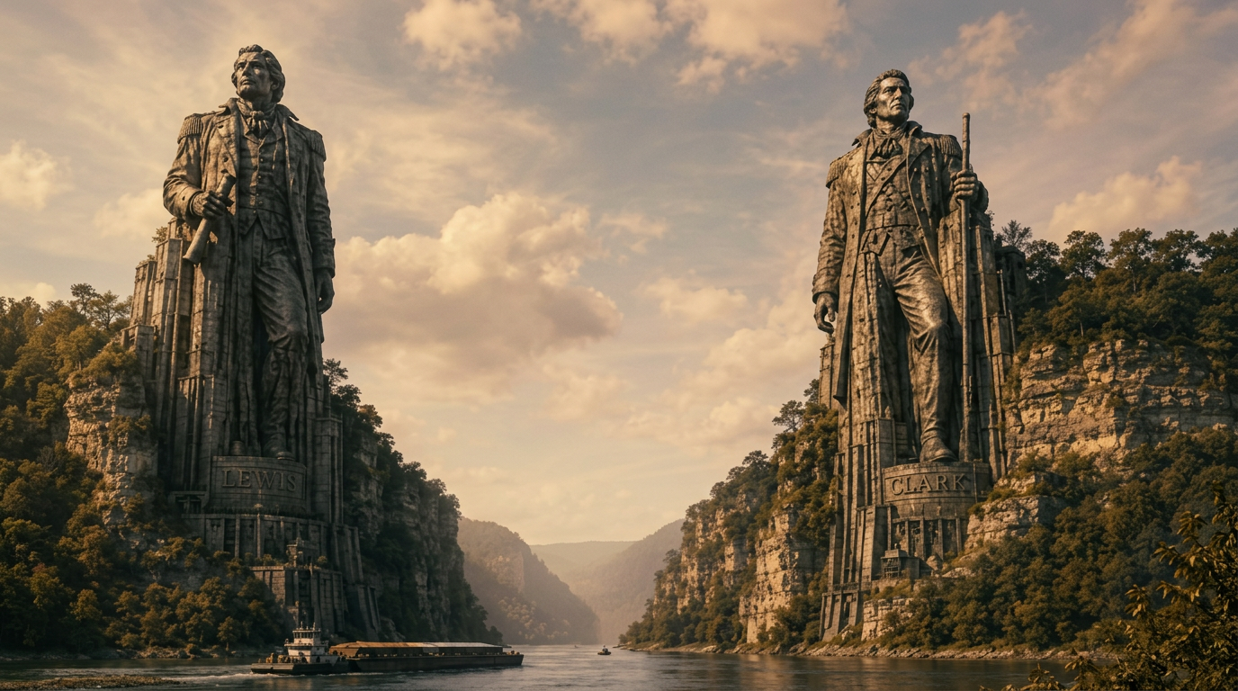 Concept rendering of two 300-foot statues of Lewis and Clark flanking the Missouri River
